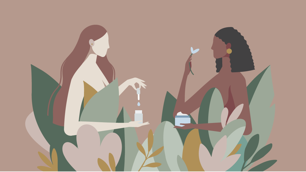 an illustration of two women holding skincare products surrounded by plants